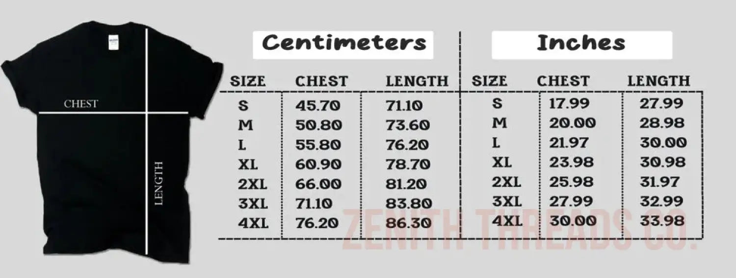 Black t-shirt with measurement specifications shown for different sizes in both centimeters and inches.