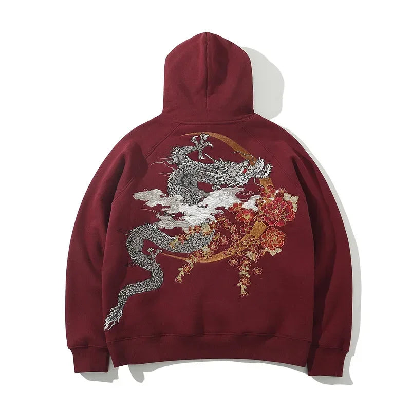 Maroon dragon embroidered hoodie featuring a mythical dragon design for legendary style