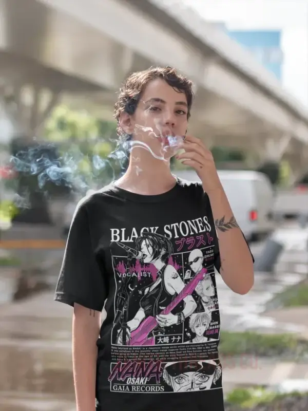 Someone wearing a Black Stones band t-shirt while exhaling smoke.