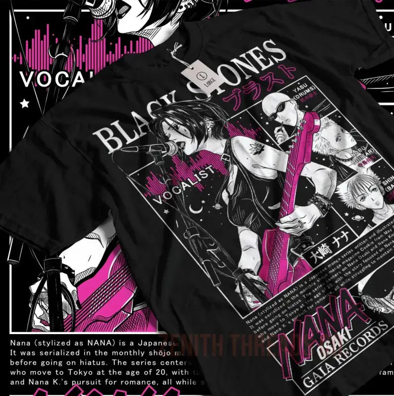 Black t-shirt with pink and white anime-style artwork featuring musical and vocalist themes.