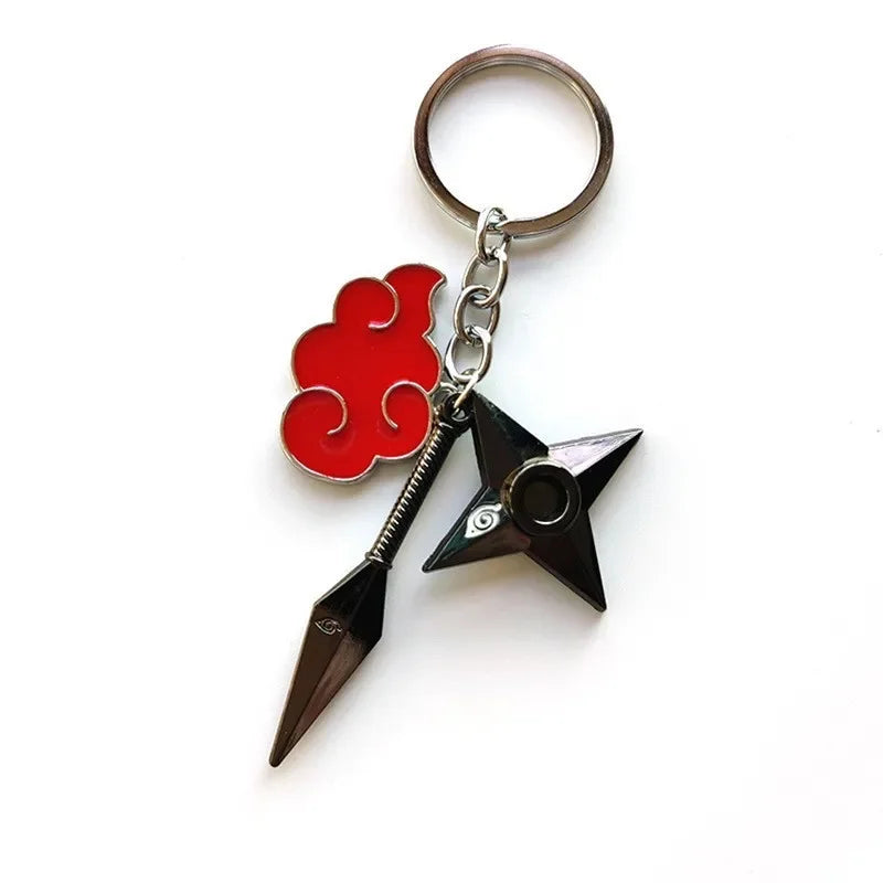 Naruto anime metal keychain featuring cloud, kunai, and shuriken charms for streetwear fashion