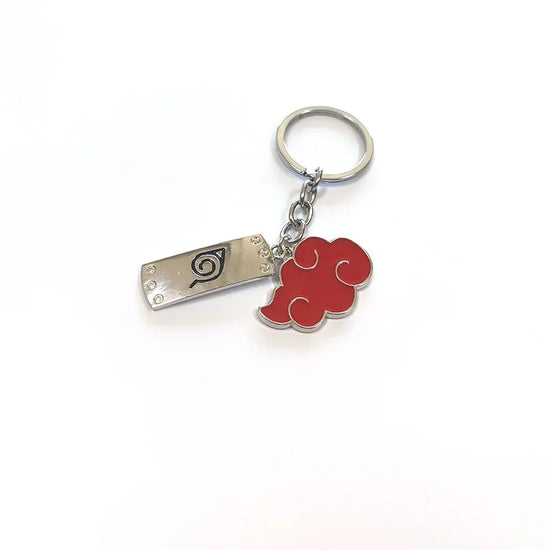 Anime metal keychain featuring red cloud and leaf symbol from Naruto, perfect for streetwear fashion