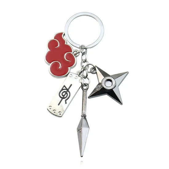 Naruto anime metal keychain featuring cloud, headband, kunai, and shuriken charms