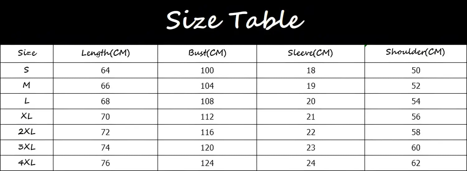 Size chart showing measurements for length, bust, sleeve and shoulder dimensions across different clothing sizes from S to 4XL.