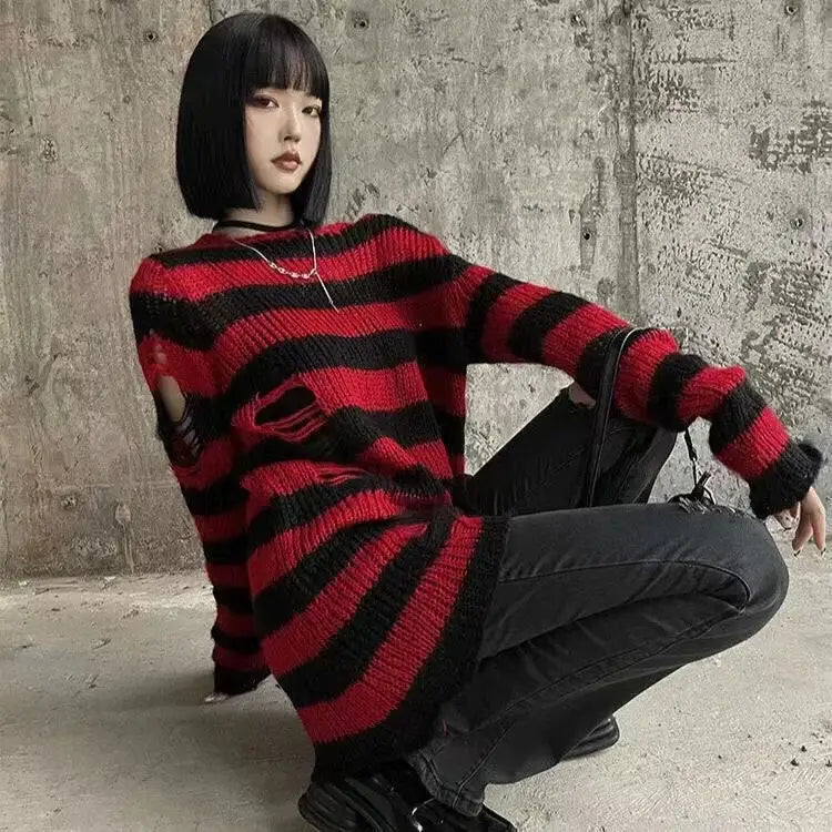 Striped Hollow-out Punk Sweater – Multi-color Options | Gothic Core