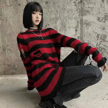 Striped Hollow-out Punk Sweater – Multi-color Options | Gothic Core