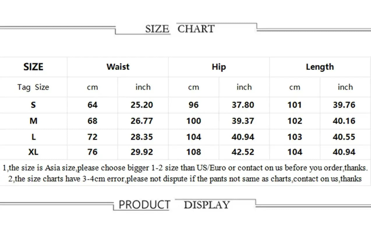 Size chart showing waist, hip and length measurements in both centimeters and inches for sizes S through XL.