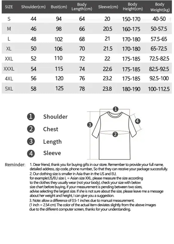 Size chart and measurement guide for a t-shirt.