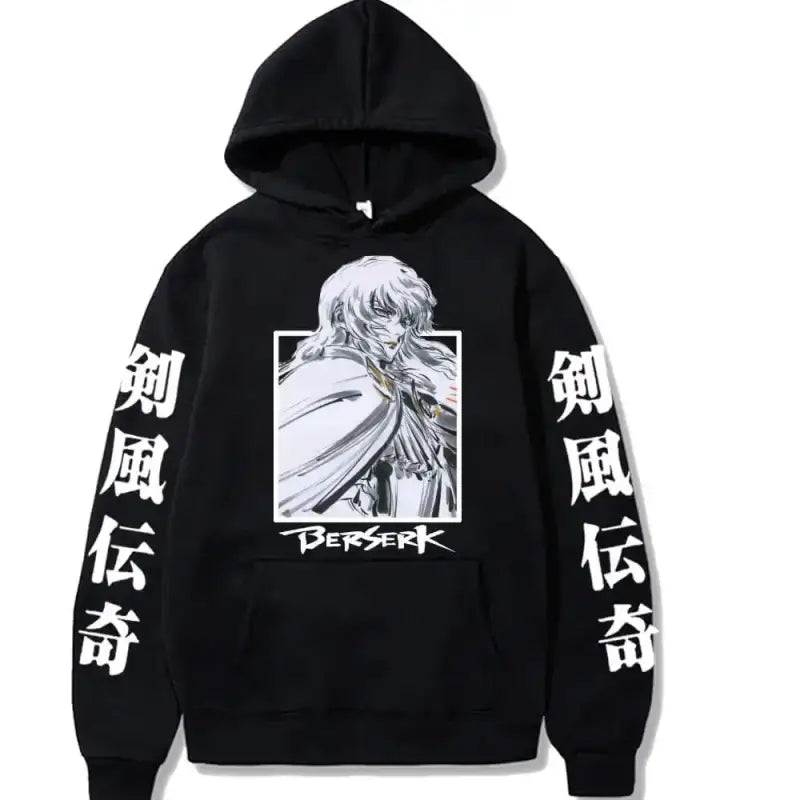 Black hoodie featuring manga-style artwork and Japanese characters on the sleeves.