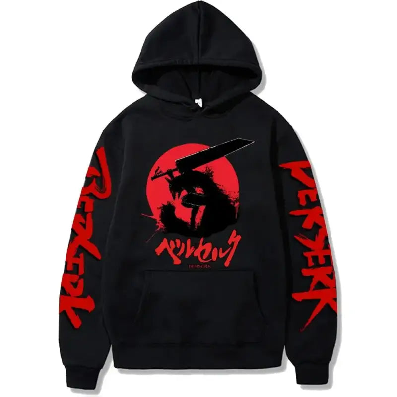 Black hoodie with red Japanese-style artwork featuring a warrior silhouette against a red circle.