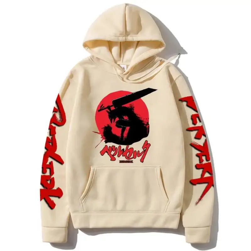 Cream-colored hoodie with a red circular design featuring a black samurai silhouette and Japanese text on the sleeves.