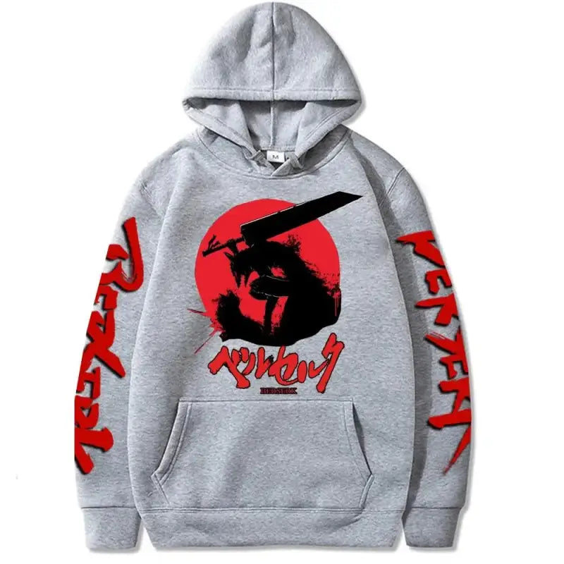 Grey hoodie with red Japanese-style artwork featuring a warrior silhouette against a red circle.