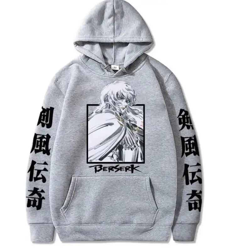 Grey hooded sweatshirt featuring Berserk anime artwork and Japanese characters on the sleeves.