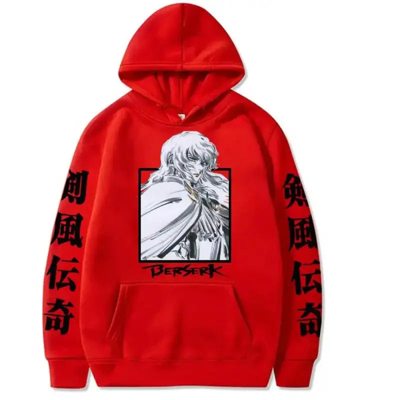 Red hoodie with manga-style artwork and Japanese characters on the sleeves.