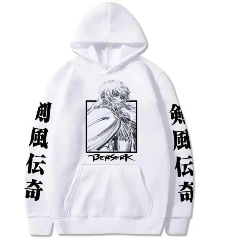 White hoodie with a black and white manga-style illustration and Japanese characters on the sleeves.