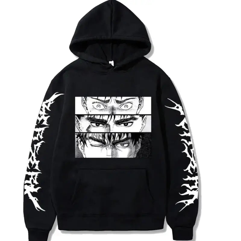 Black hoodie with manga-style eye illustrations and tribal sleeve designs.