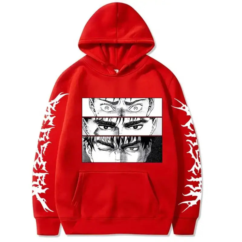 Red hoodie with manga-style artwork panels and tribal sleeve designs.