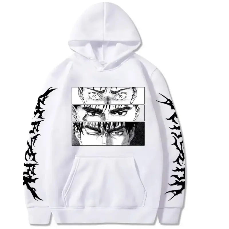 White hoodie with manga-style eye panels printed on the front and tribal designs on the sleeves.