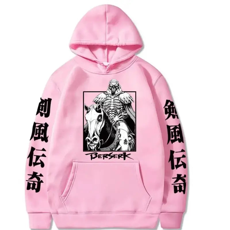 Pink hoodie with a Berserk manga artwork and Japanese characters on the sleeves.