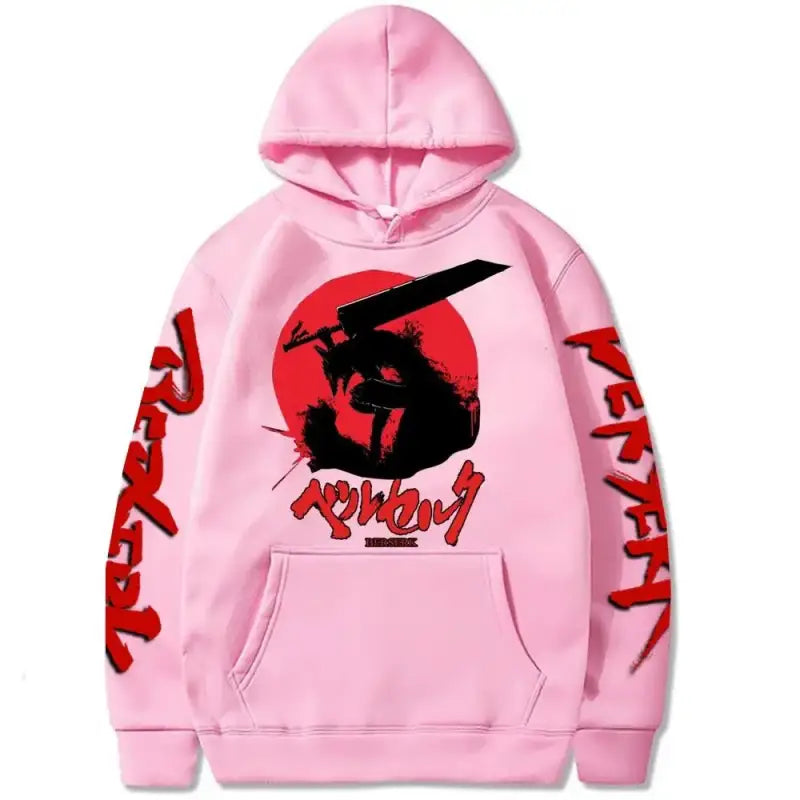 Pink hoodie with a black and red Berserk manga design featuring Guts against a red circle.