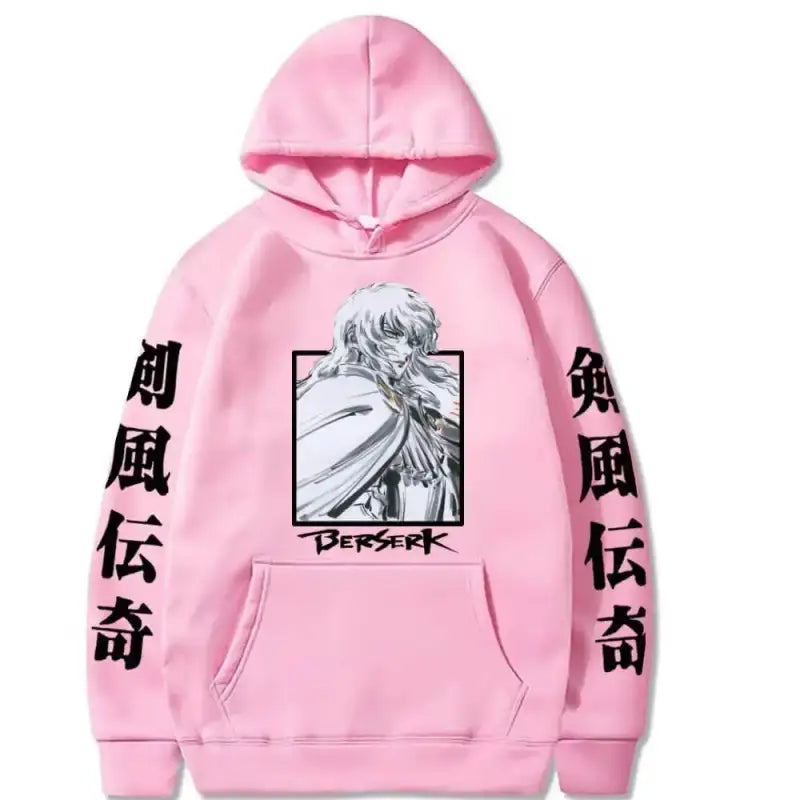 Pink hoodie with manga-style artwork and Japanese characters on the sleeves.