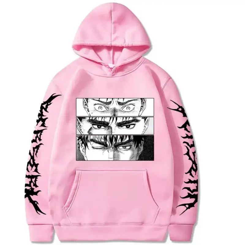 Pink hoodie with manga-style eye artwork on the front and tribal designs on the sleeves.