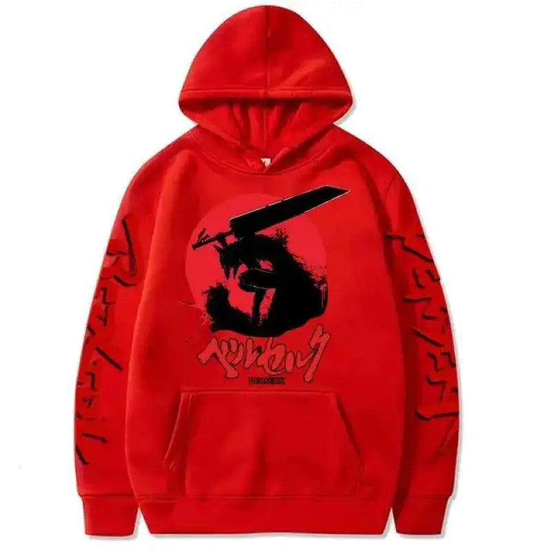 Red hoodie with a black silhouette design of a warrior figure wielding a sword.