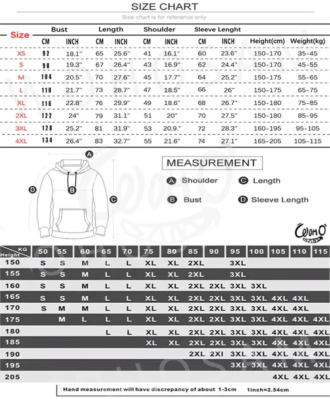 Size chart and measurement guide for clothing with detailed dimensions and fit specifications.