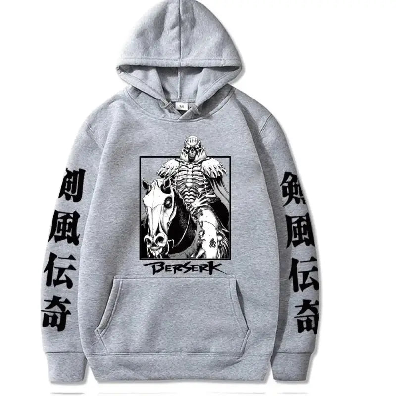 Grey hooded sweatshirt featuring a Berserk manga artwork and Japanese characters on the sleeves.