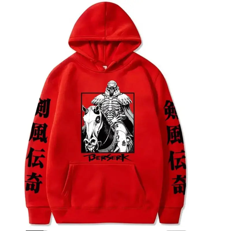 Red hoodie with a manga-style skeleton warrior and horse design featuring Japanese characters on the sleeves.