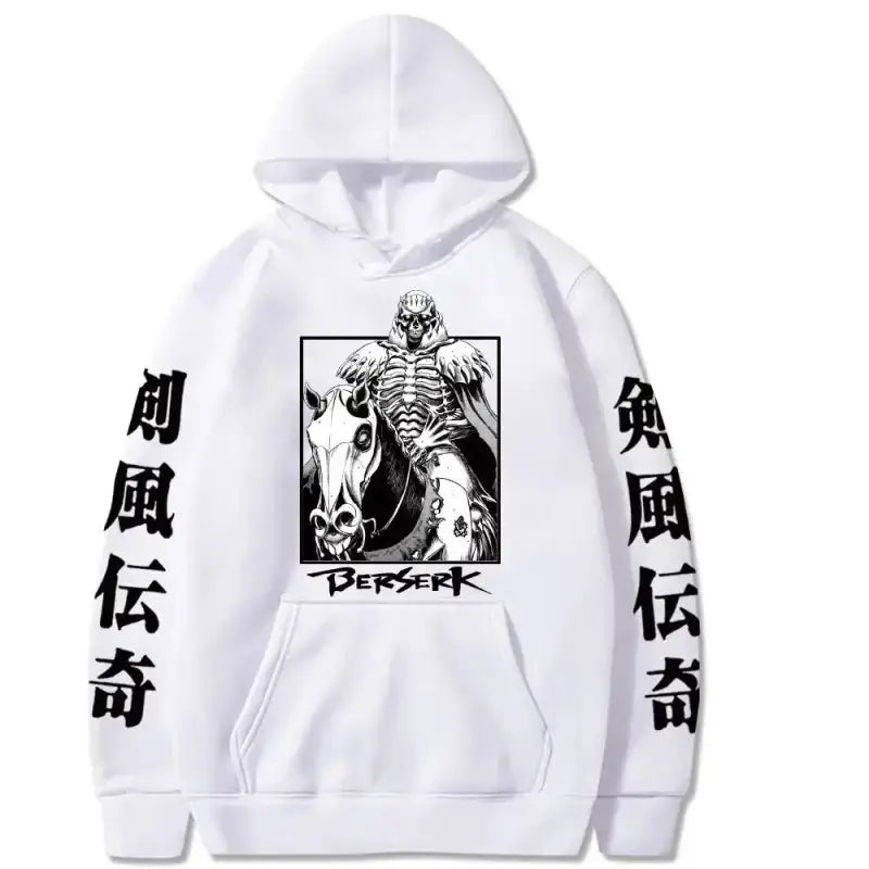 White hoodie with a Berserk manga artwork and Japanese characters on the sleeves.