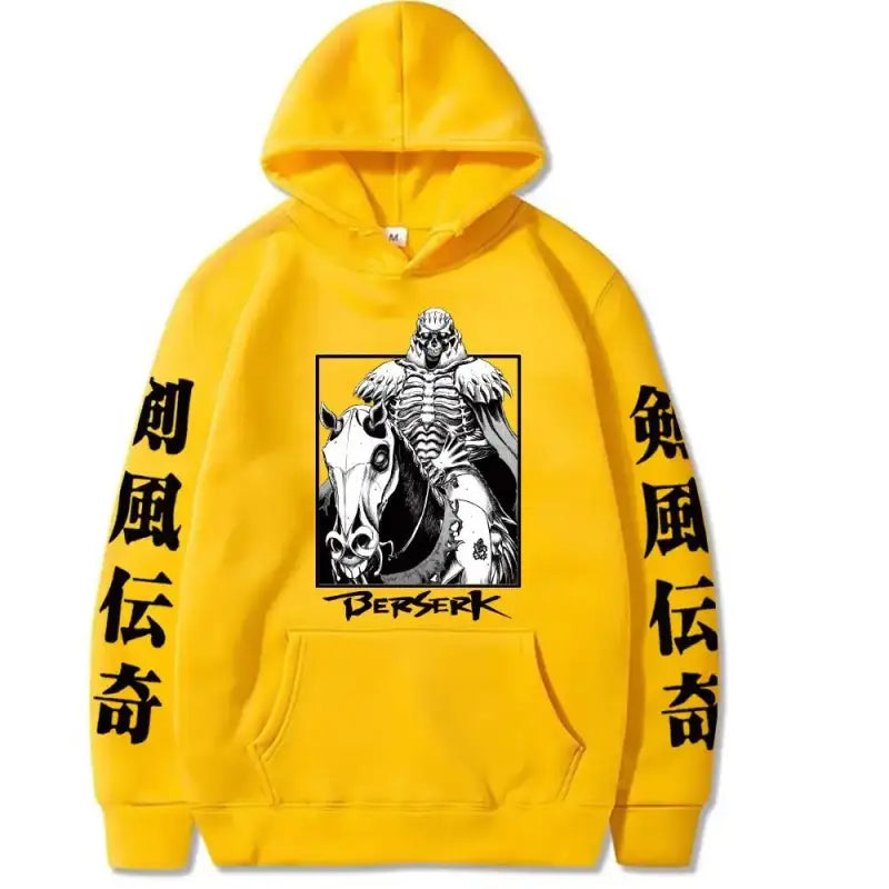 Yellow hoodie featuring a black and white Berserk manga artwork and Japanese characters on the sleeves.