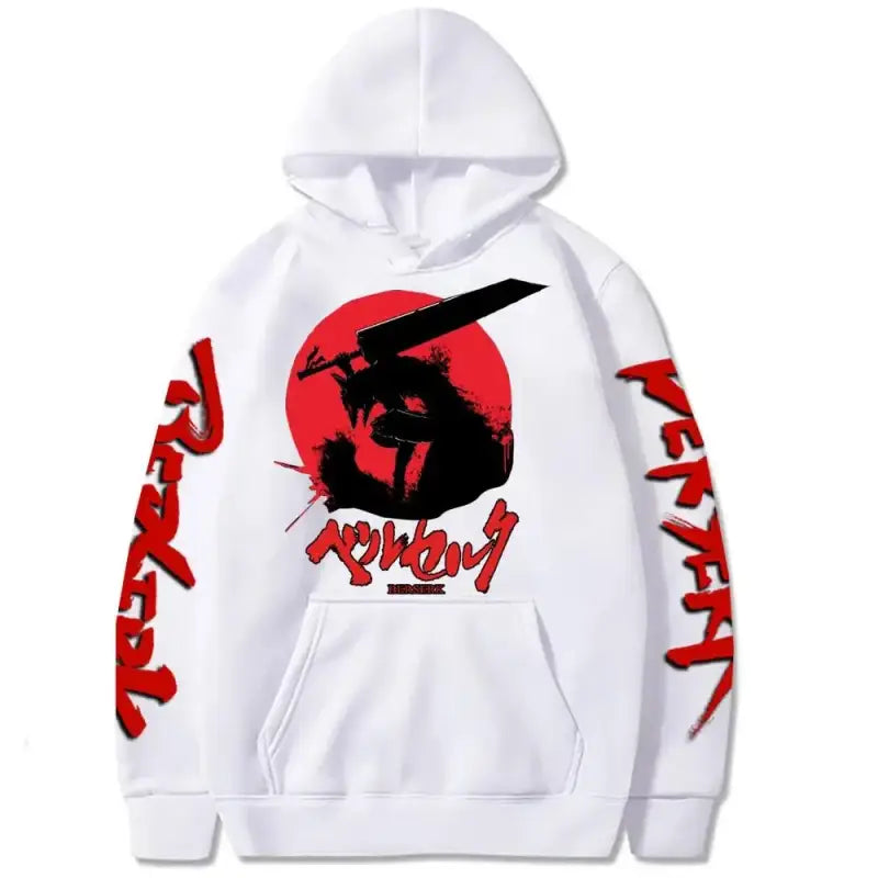 White hoodie with red and black Berserk manga artwork featuring Guts’ silhouette against a red moon.