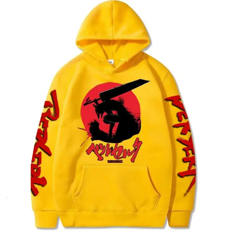 Yellow hoodie with red and black anime-style graphics featuring Japanese text on the sleeves.