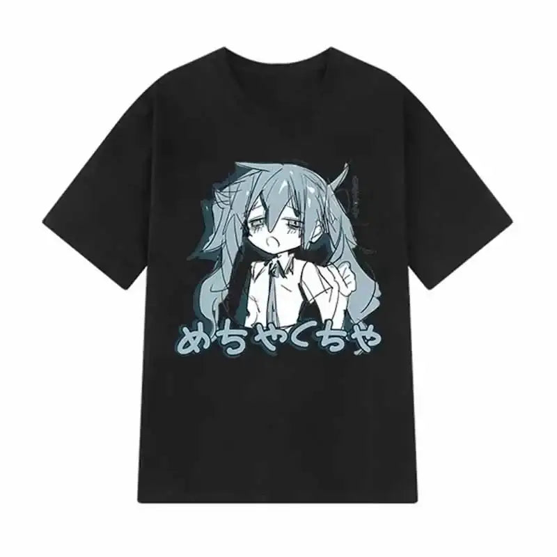 Black t-shirt with an anime-style character design and Japanese text printed on it.