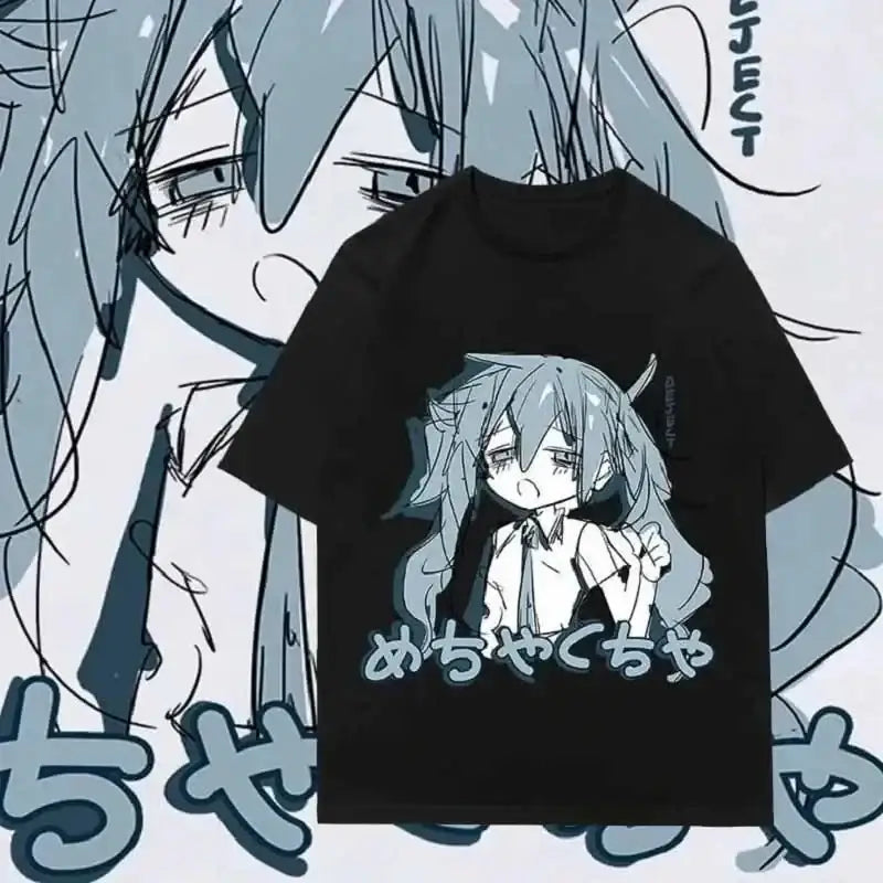 Black t-shirt featuring an anime character design with Japanese text.