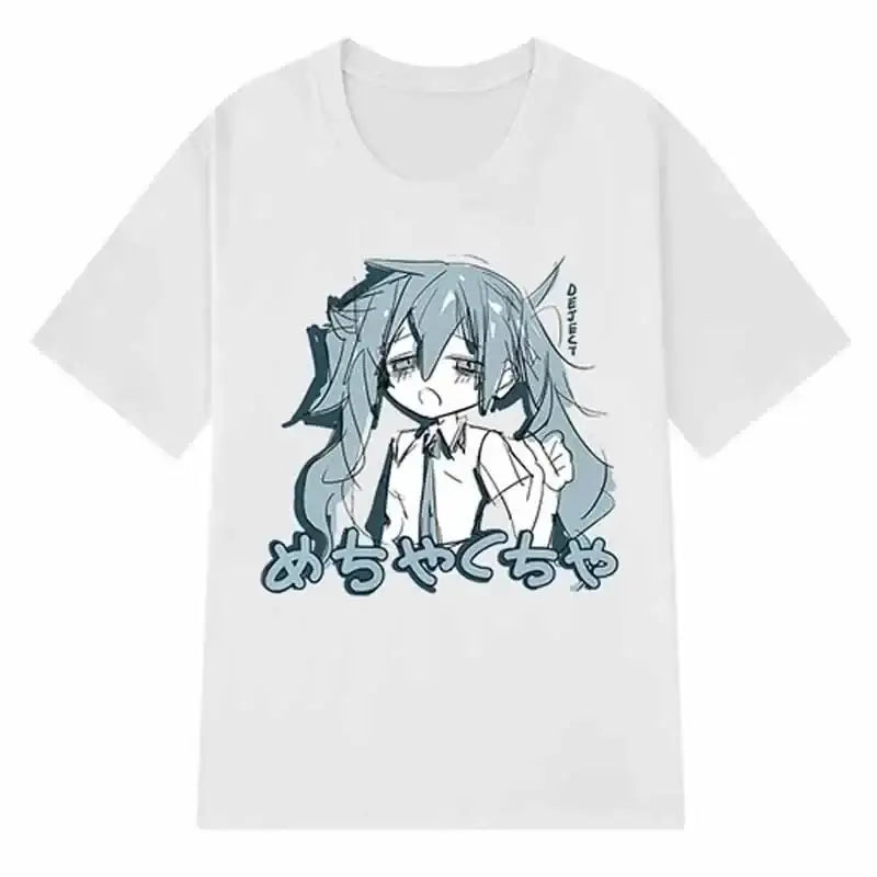 White t-shirt featuring an anime-style character illustration with Japanese text underneath.