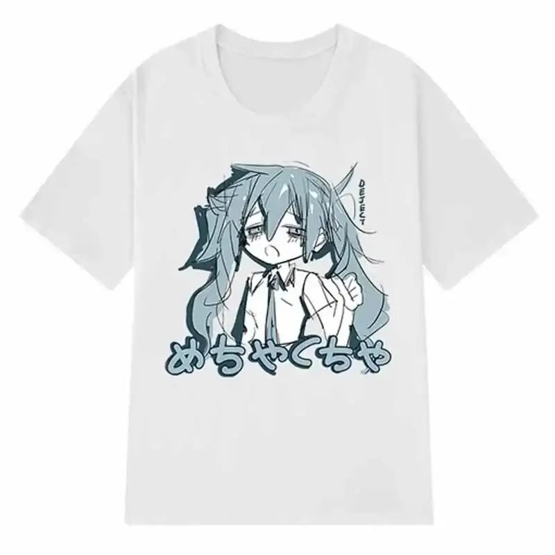 White t-shirt featuring a cute anime-style character with long turquoise hair and Japanese text below.