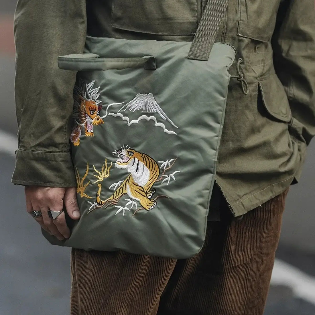 Dragon & Tiger Embroidered Shoulder Bag – Sage Green