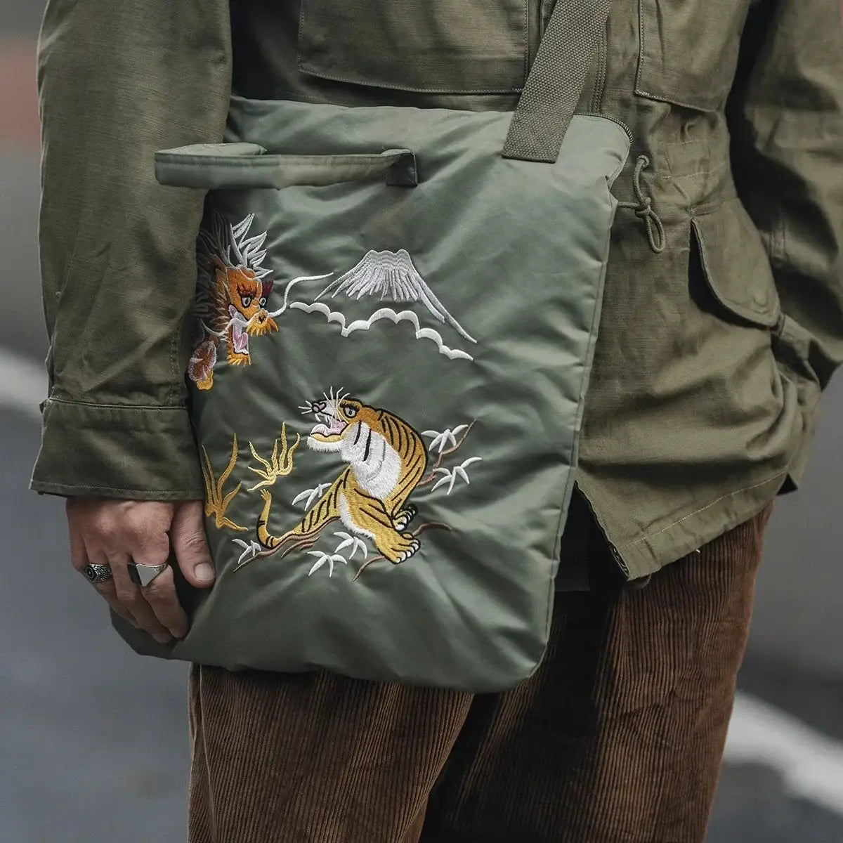 Dragon & Tiger Embroidered Shoulder Bag – Sage Green