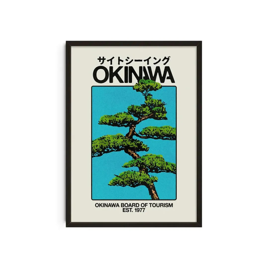 Okinawa Bonsai Tree – Japanese Travel Poster (unframed Canvas) | Blue / Green / White / 50x70cm Unframed | Posters &