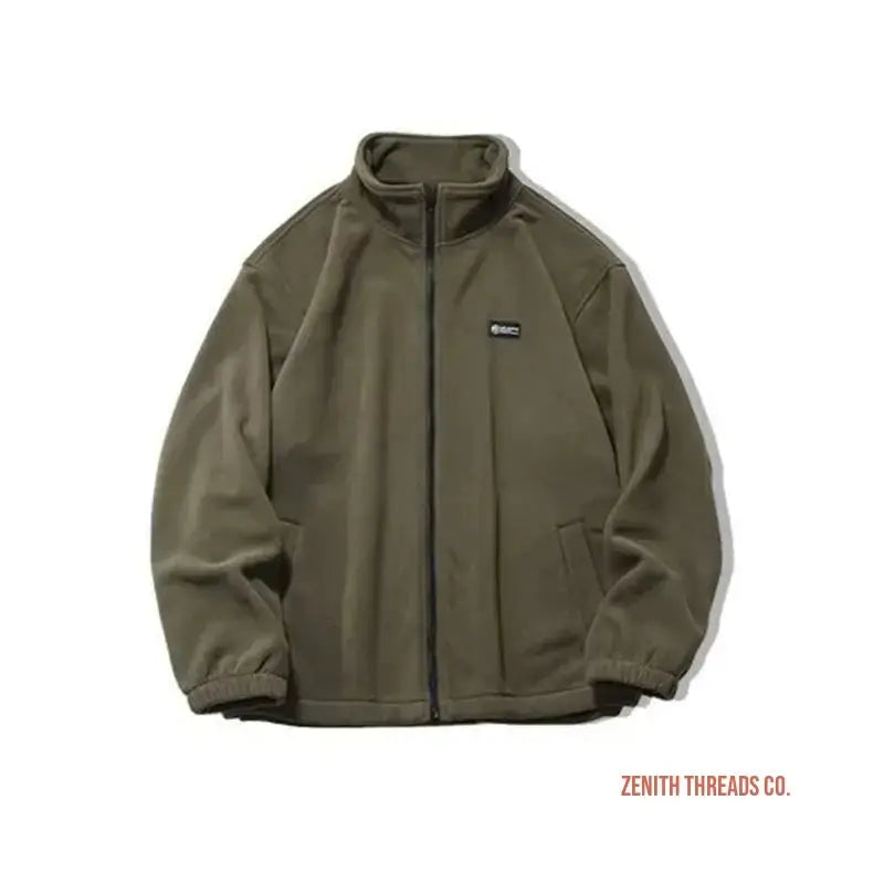 Olive green zip-up fleece jacket with a stand collar.