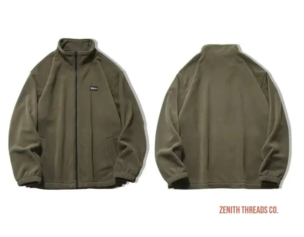 Olive green zip-up fleece jacket shown from front and back views.