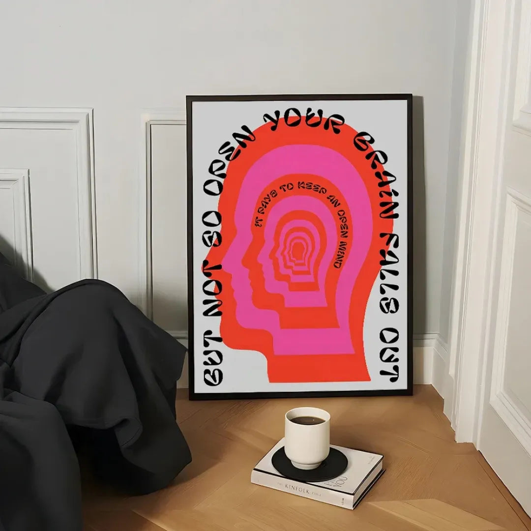 Open Mind Head Silhouette – Retro Psychedelic Poster (unframed Canvas) | Neon Pink / Red / Orange / 50x70cm Unframed