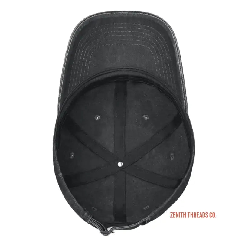 Black baseball cap with ’Zenith Threads Co.’ text visible.