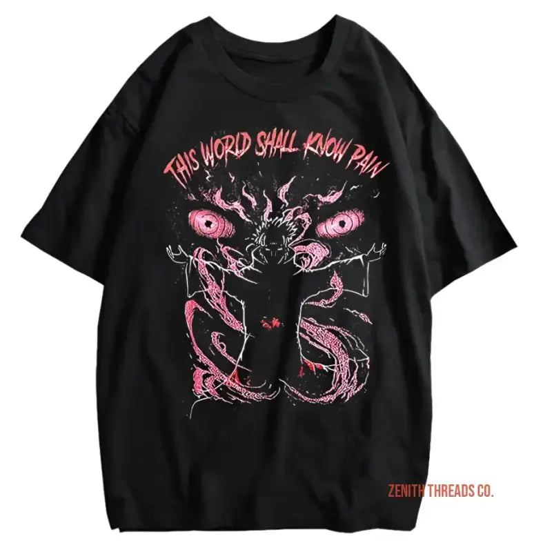 Black t-shirt featuring pink artwork with text ’This World Shall Know Pain’ and a skeletal design.