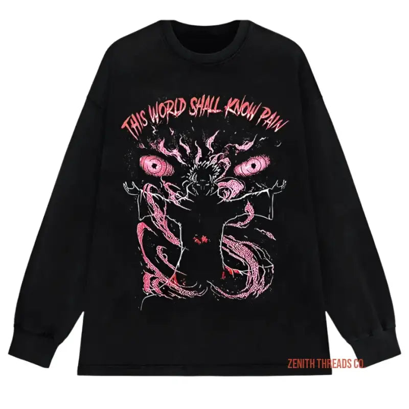 Black long-sleeve t-shirt featuring pink artwork with text ’THIS WORLD SHALL KNOW PAIN’ and abstract demonic design.