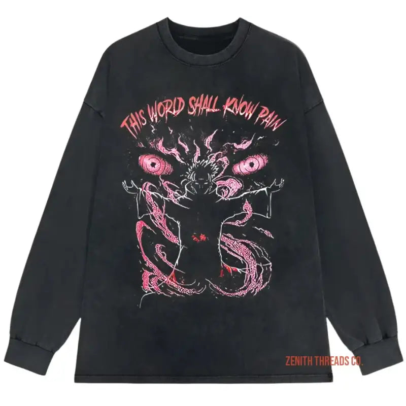 Black long-sleeve t-shirt with pink graphic design featuring text ’This World Shall Know Pain’ and abstract artwork.