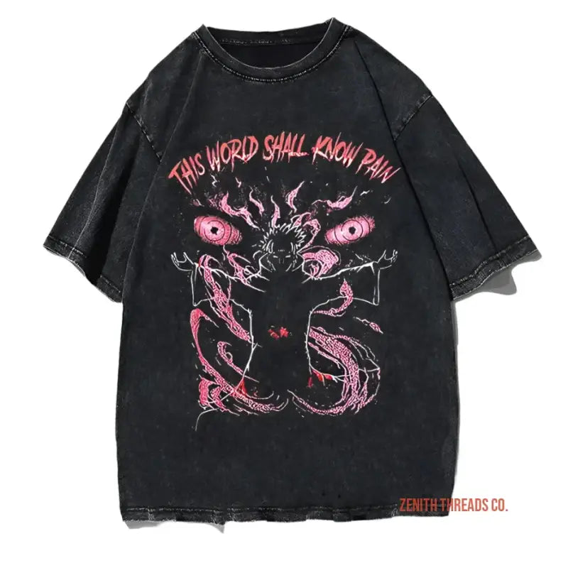 Black t-shirt with pink demonic artwork and text reading ’THIS WORLD SHALL KNOW PAIN’