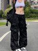 Baggy Parachute Black Cargo Pants in Y2K Streetwear style made from durable polyester